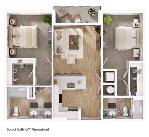 Floor plan for 2 beds, 2 baths, 978 sqft